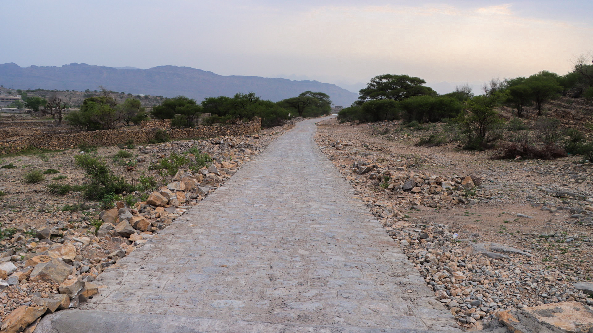 a dirt path next to a body of water